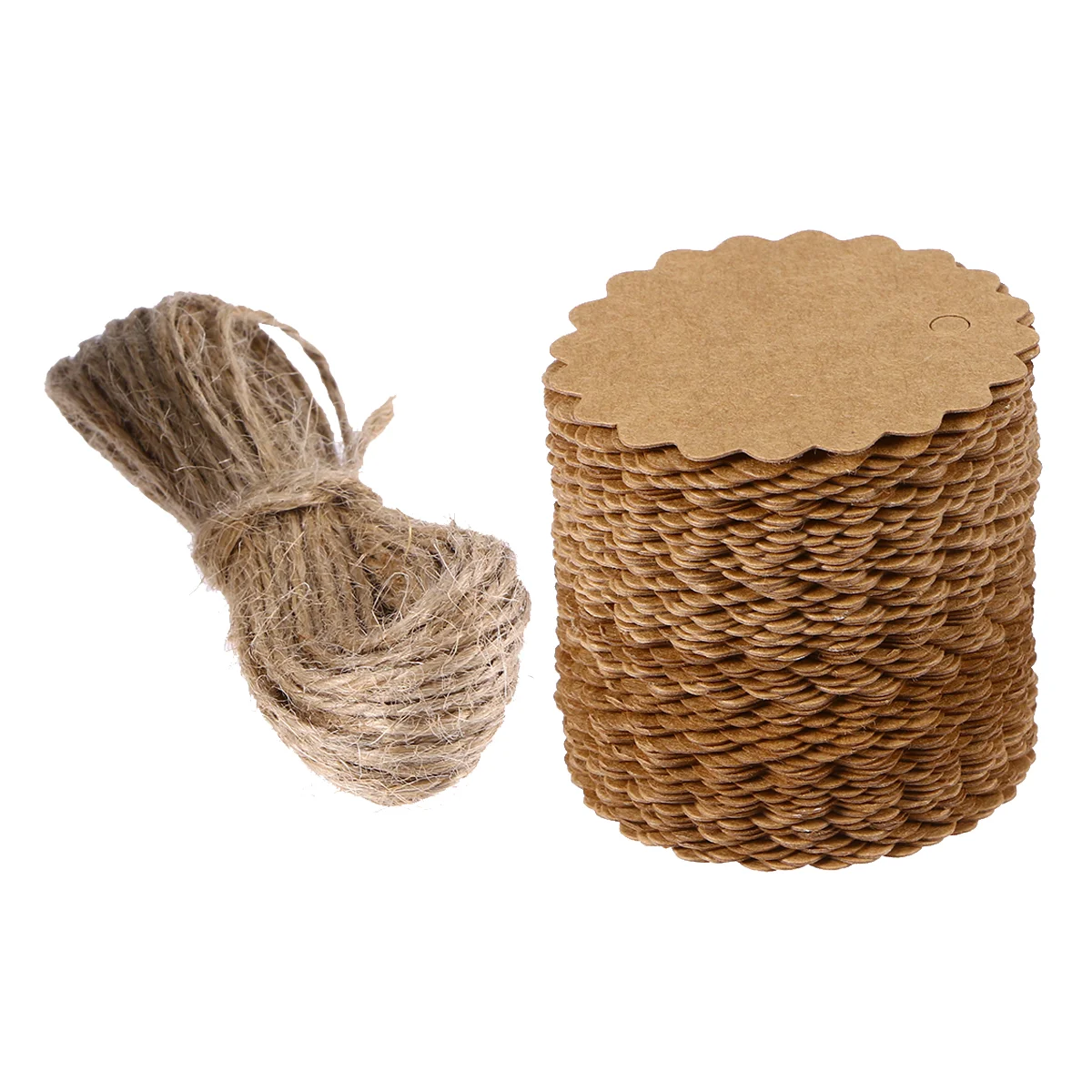 Papier kraft festonné rond avec ficelle de jute de 10m, étiquette de cadeau, étiquette de bagage bricolage, étiquette de prix, marron, 60mm, 100 pièces