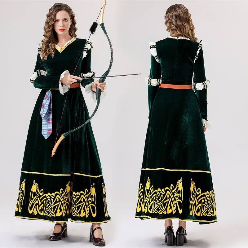 

New Halloween Adult Green Long Dress Cosplay Brave Legend Girl Melinda Performance Costume Polyester Fiber 100% Online Sale