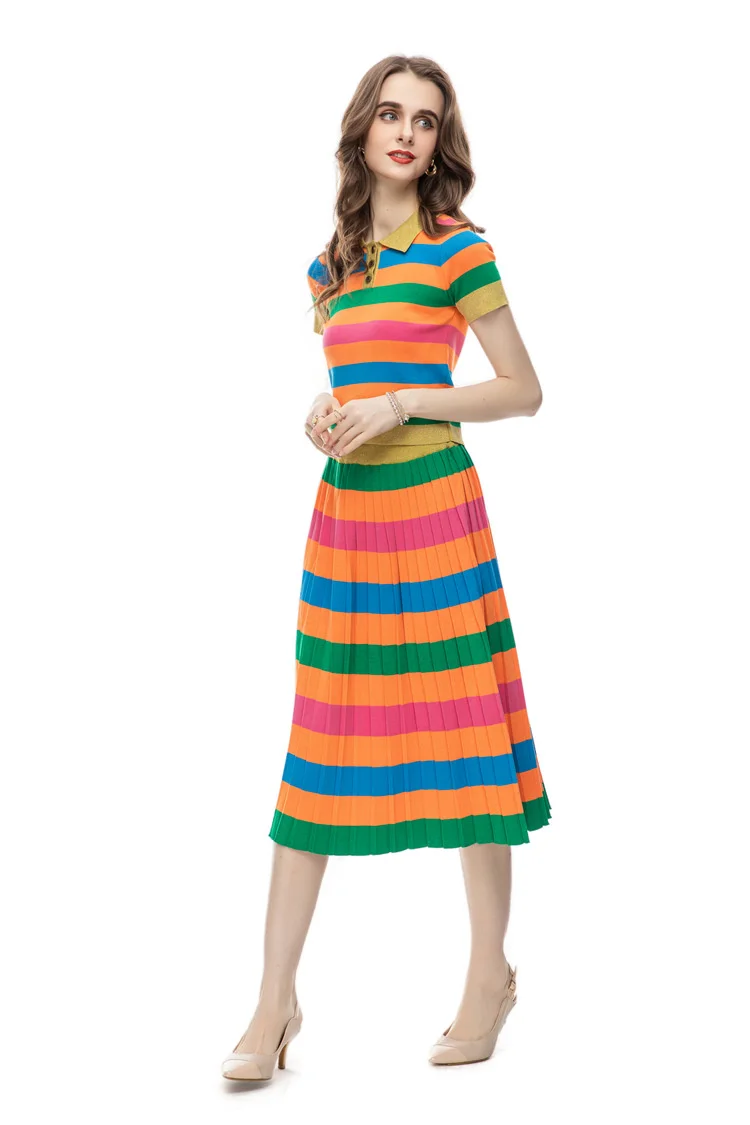 

Autume New Striped Hit Color Knitted Two Piece Set Women O Neck Half Sleeve Pullover Tops High Waist Maxi Skirts Elegant Suits