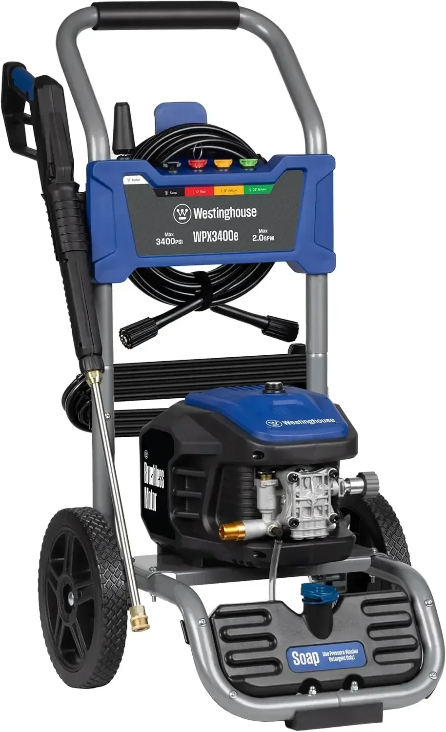 

Электрическая мойка высокого давления XMSJ*[XMSJ]WPX3400e, 3400 PSI, 2.0 GPM, бесщеточный двигатель, встроенный бак для моющего средства, пистолет-распылитель и насадки.