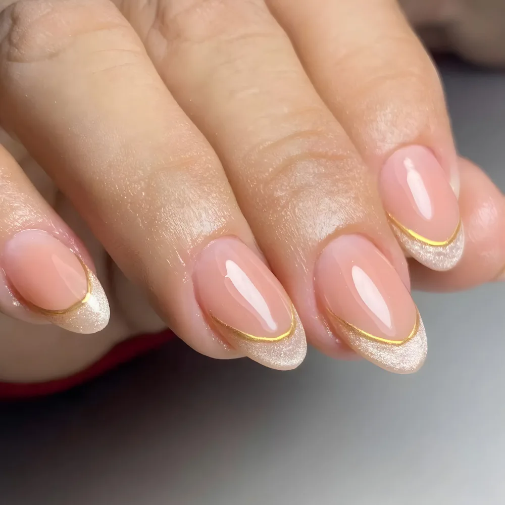 24pcs French Almond Fake Nails Gold Edge Glitter Press on Nails Swirl Metal Nail Art False Nail Full Cover Nail Tips False Nais