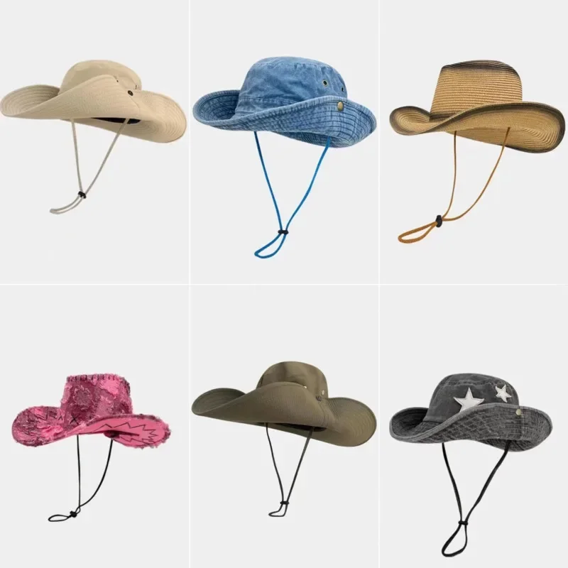 

Summer Cotton Solid Bucket Hat Fisherman Hat Outdoor Travel Versatile Sunshade Mountaineering Cap Big Eaves Western Cowboy Hat