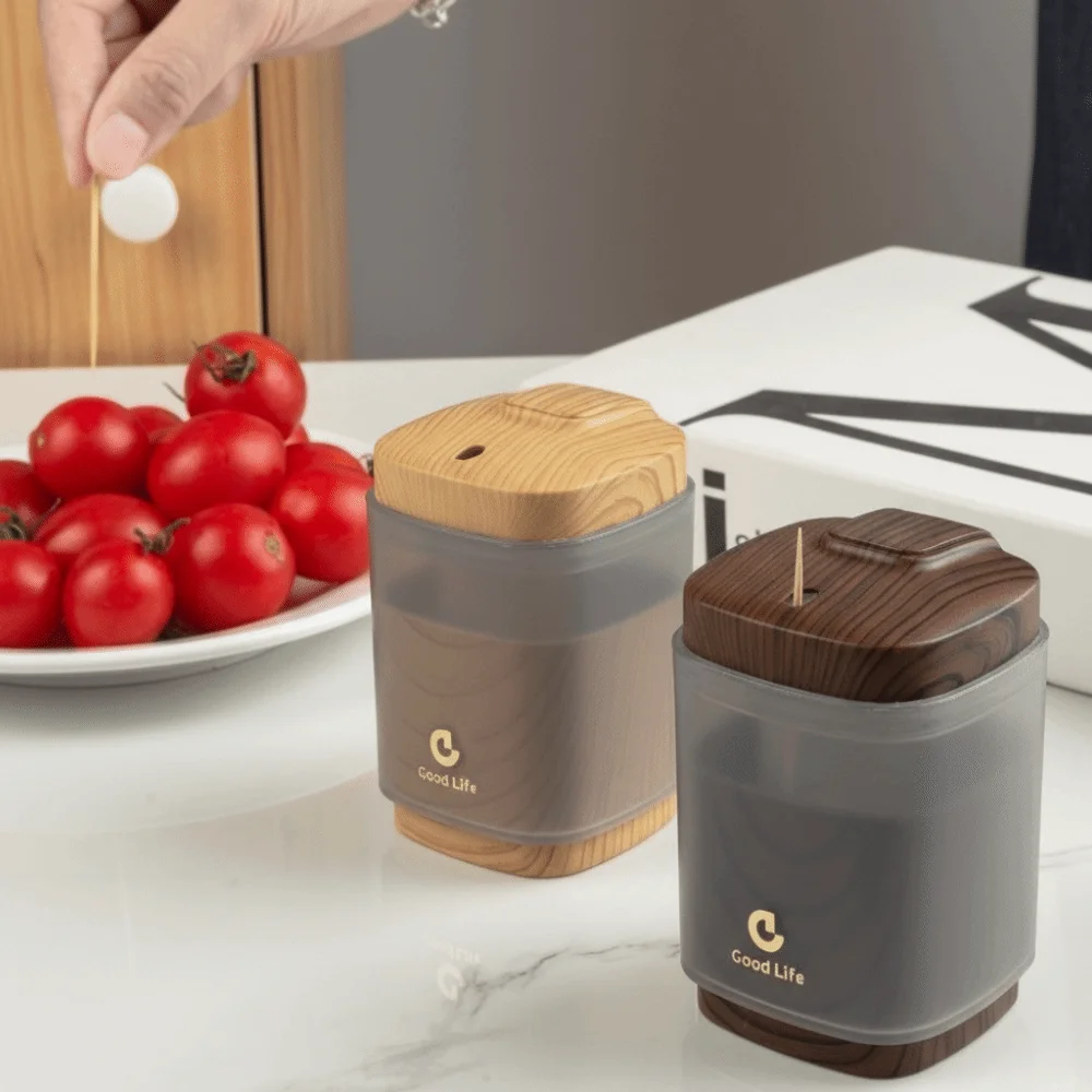 Portable Push Automatic Toothpick Dispenser Pop-Up Large Capacity Toothpick Box Hygienic Wood Grain Toothpick Holder Hotel