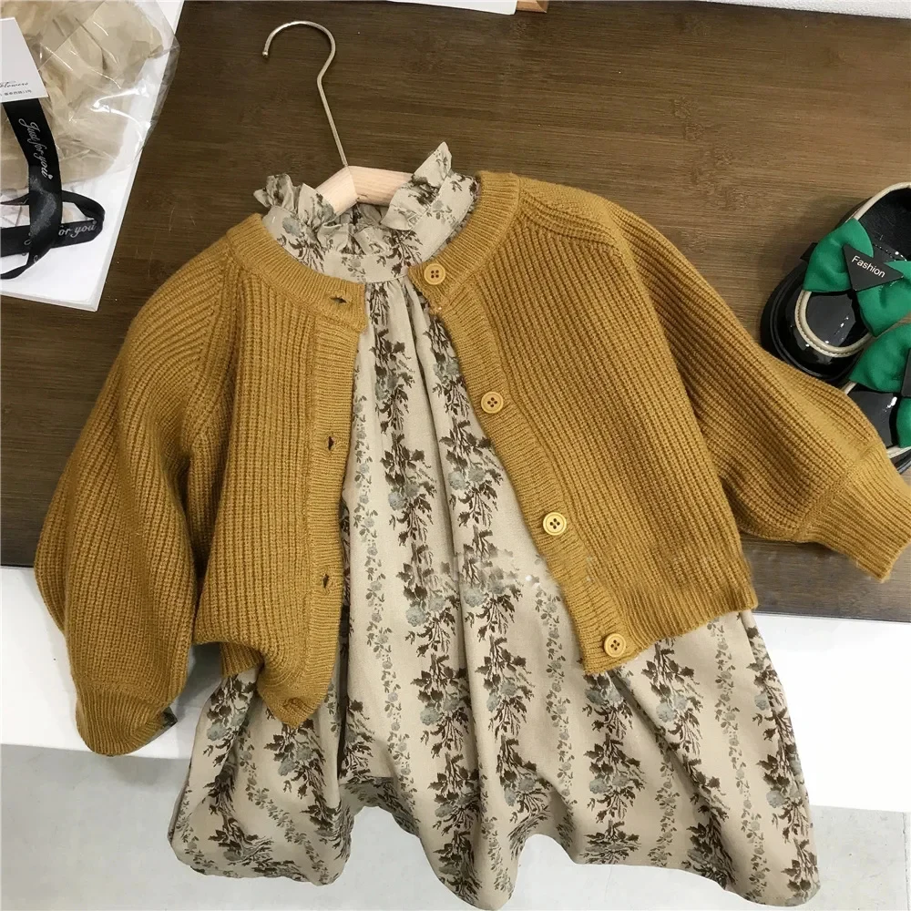 

Girl's Sweet 2pcs Suit Autumn Children Kids Infants Knit Sweater Coat + Floral Dress Sets