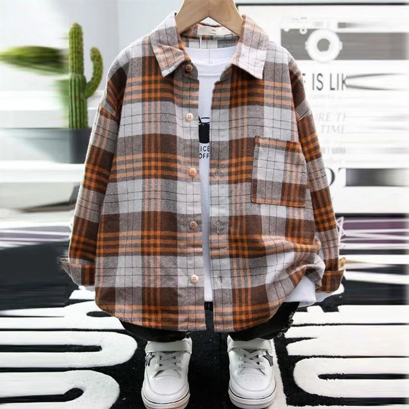 2025 Spring Fall New 100% Cotton Rough Weave Cuff Boys' Checkered Shirt Trendy Big Kids' Spring Fall Seasonal Apparel