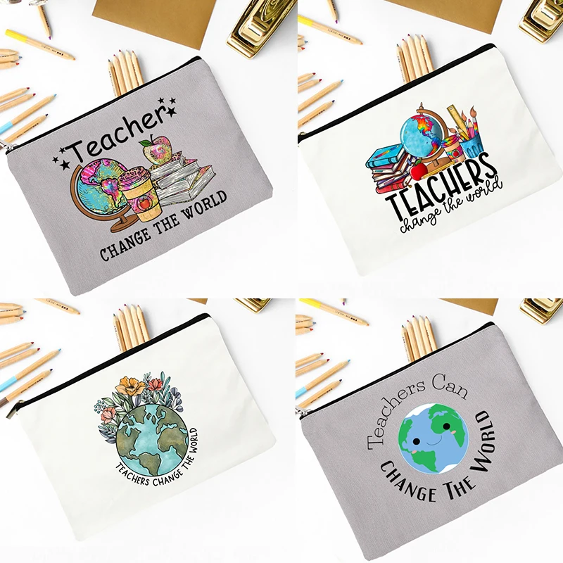 Teacher Change The World Print Cosmetic Bag Supplies Storage Bags Travel Wash Pouch Pencil Case School Stationery  Teacher Gift