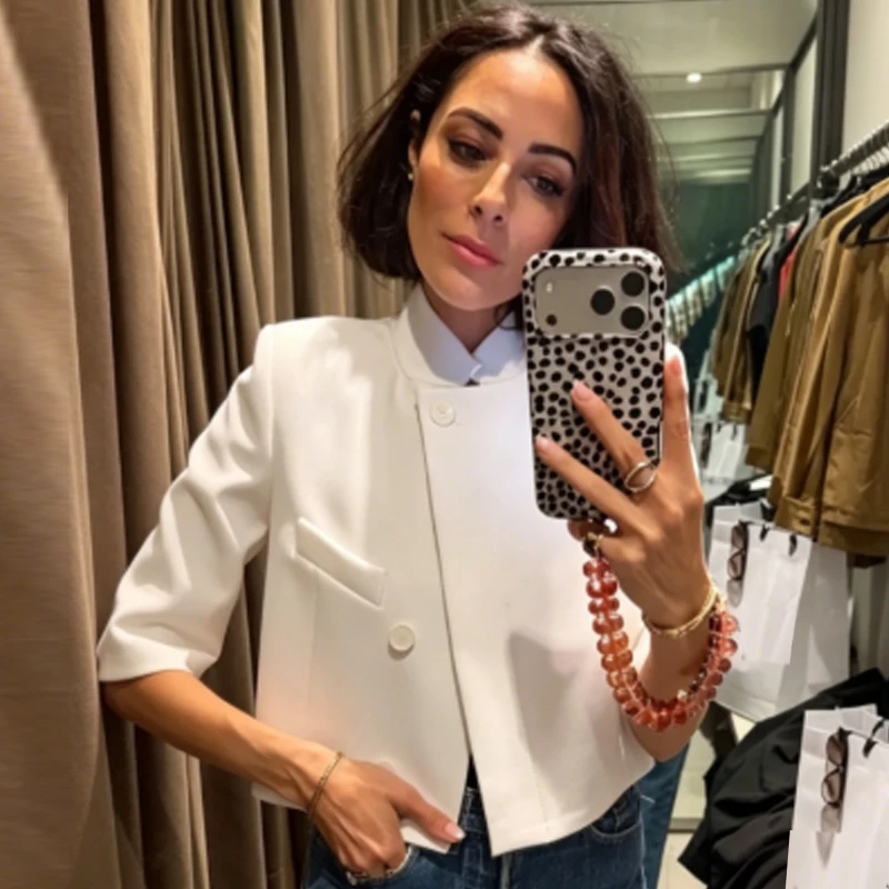 Blazer Blanco Asimétrico HXAO para Mujer, Verano 2026, Ropa de Oficina, Elegante, con Botones, Manga Corta, Chaqueta de Traje a la Moda