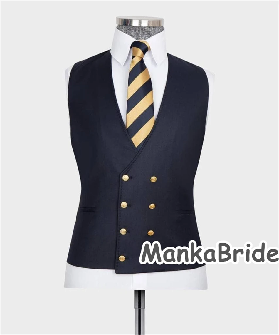 Classic Navy Blue Wedding Groom Tuxedo Customized Business Wear Men's Suits 3PCS Blazer Vest Black Pants Formal Party Male Suit