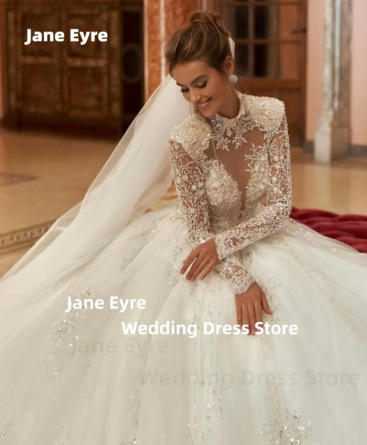 ジェーン・エア魅力的なハイネックのウェディングドレス女性のための花嫁長袖レース Vestido デ カサメントパーソナライズされたカスタマイズ