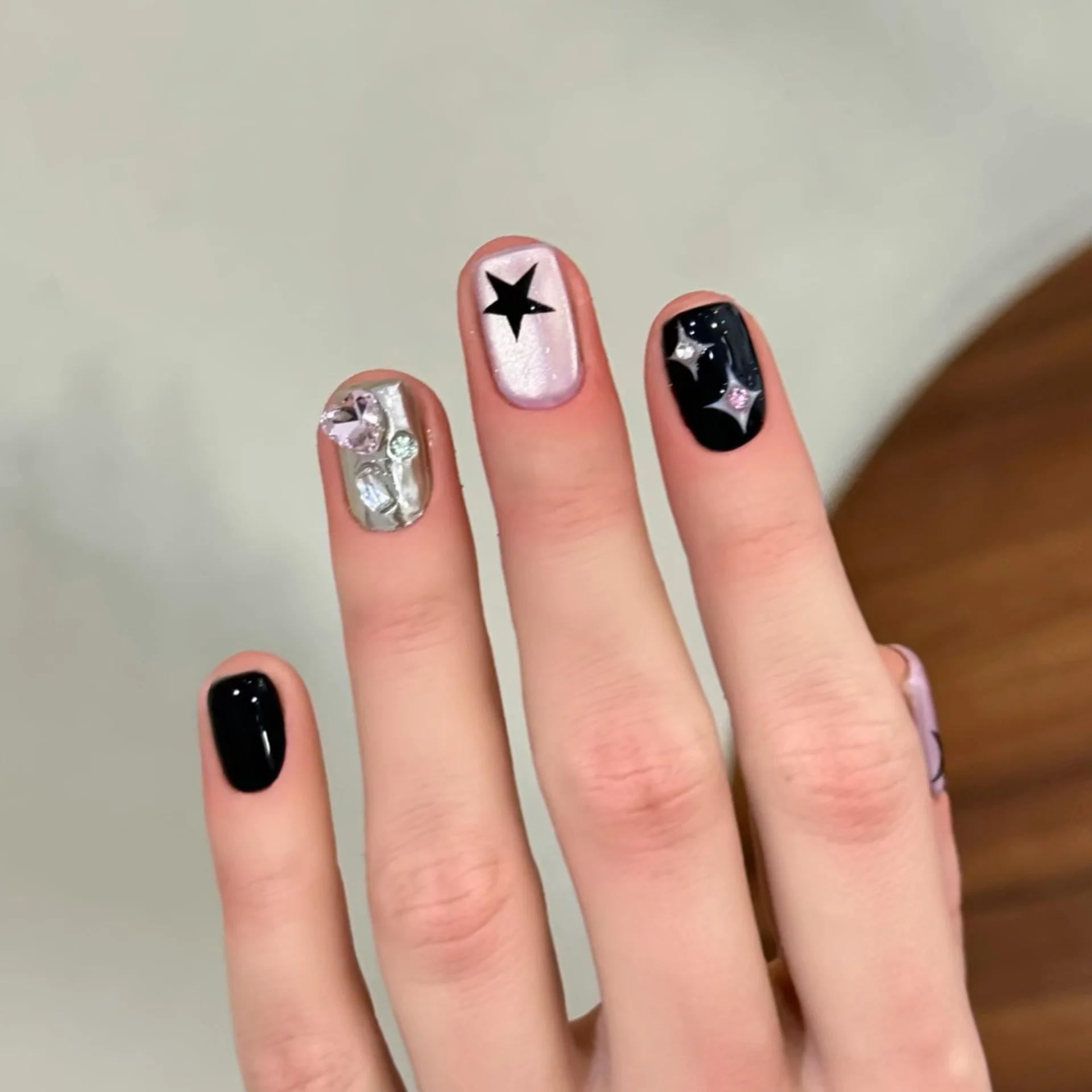 10PCS Glitter Black Cat Eye Short Square Handmade Press on Nails Sweet Cool Simple Stars Fake Nails Spice Girls Y2k False Nails