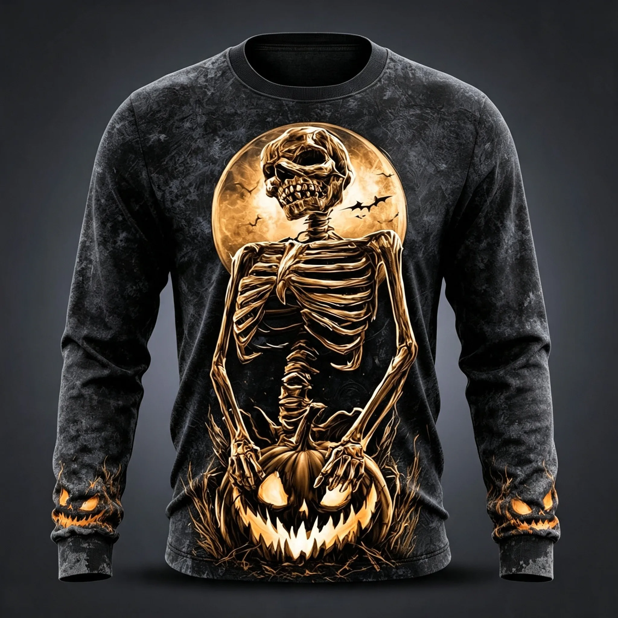 Men's Halloween Long Sleeve T‑Shirt 3D All‑Over Print Pumpkin Skeleton Chain Bat Witch Cat Graphic Crew Neck Casual Party Tops