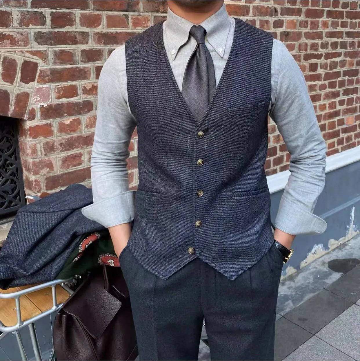 

Men's Herringbone V-Neck Vest Men's Business Slim Gentleman Casual Vest Formal Wedding Jacket