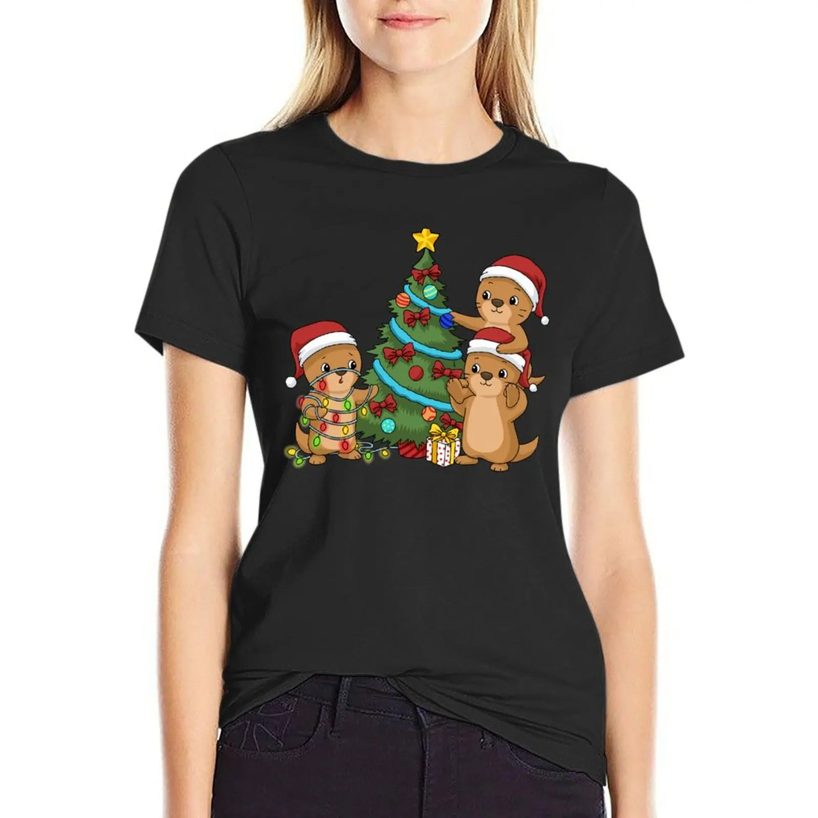 

Christmas Tree Otter Kids Christmas Gifts Sea Otter T-Shirt summer tops new edition blanks heavyweights tops Women