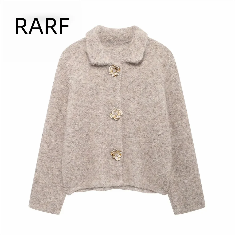 

Women's new autumn and winter products flower buckle decoration artificial fur effect knitted cardigan sweater jacket