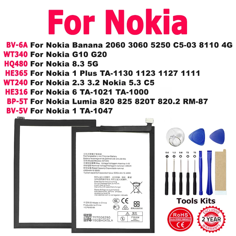 BV-6A WT340 HQ480 HE365 WT240 HE316 BP-5T Battery For Nokia Banana Lumia 1 2.3 3.2 5.3 C5 6 8.3 G10 G20 820 820.2 820T 2060 Plus