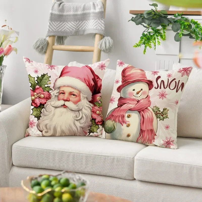 

45x45cm Pillow Covers Decorative Pink Deer Christmas Tree Snowman Linen Printed Pillow Cover For Living Room Sofa Home Decor 1pc