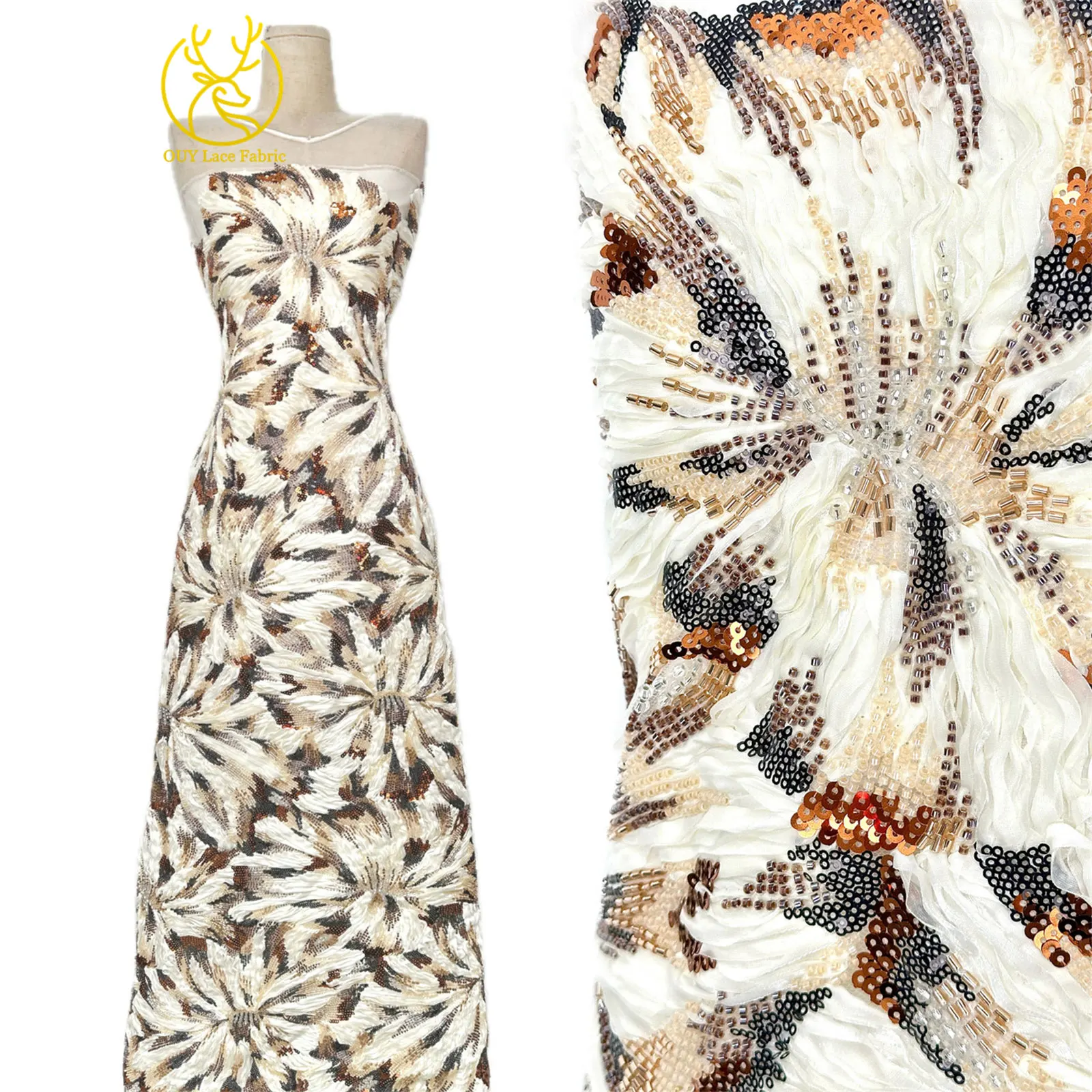 Neues Design Afrikanischer Perlen-Spitzenstoff 2026 Hochwertige 3D Französische Nigerianische Pailletten-Netztüllspitze für Damen-Partykleider zum Nähen – Detail 7