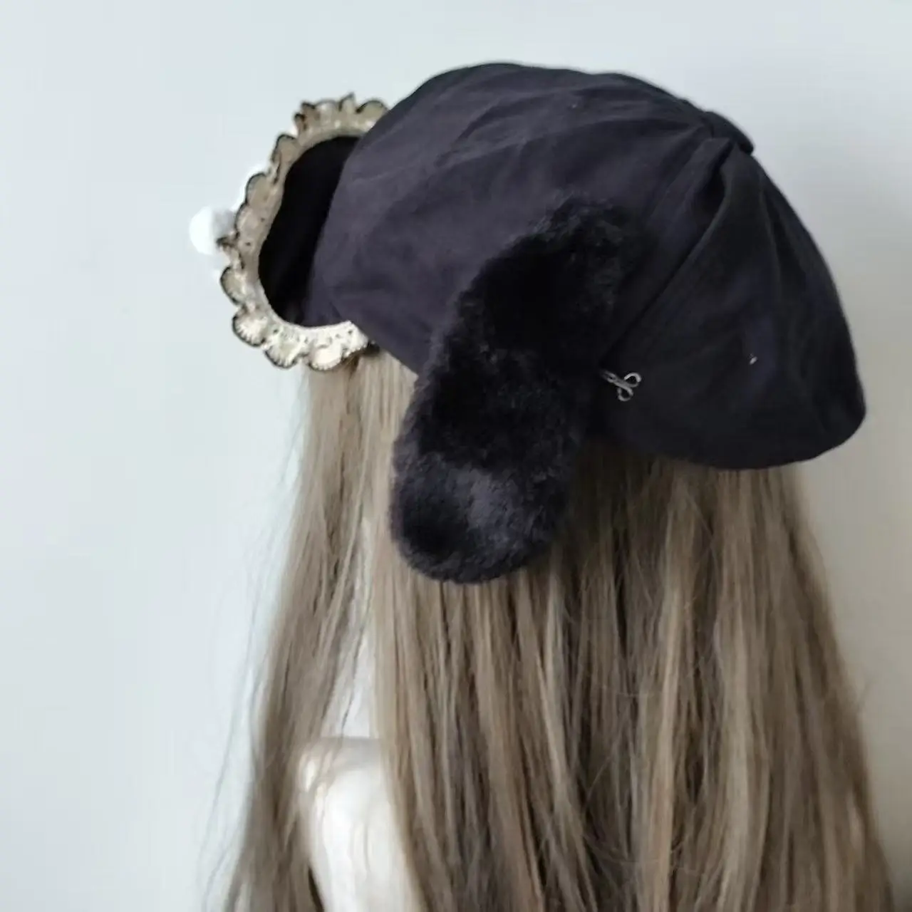 Béret gothique Lolita Harajuku Y2K pour fille, en peluche polaire, avec oreilles à pois, chapeau japonais Kawaii en dentelle, casquettes pour femmes, chapeaux de Cosplay