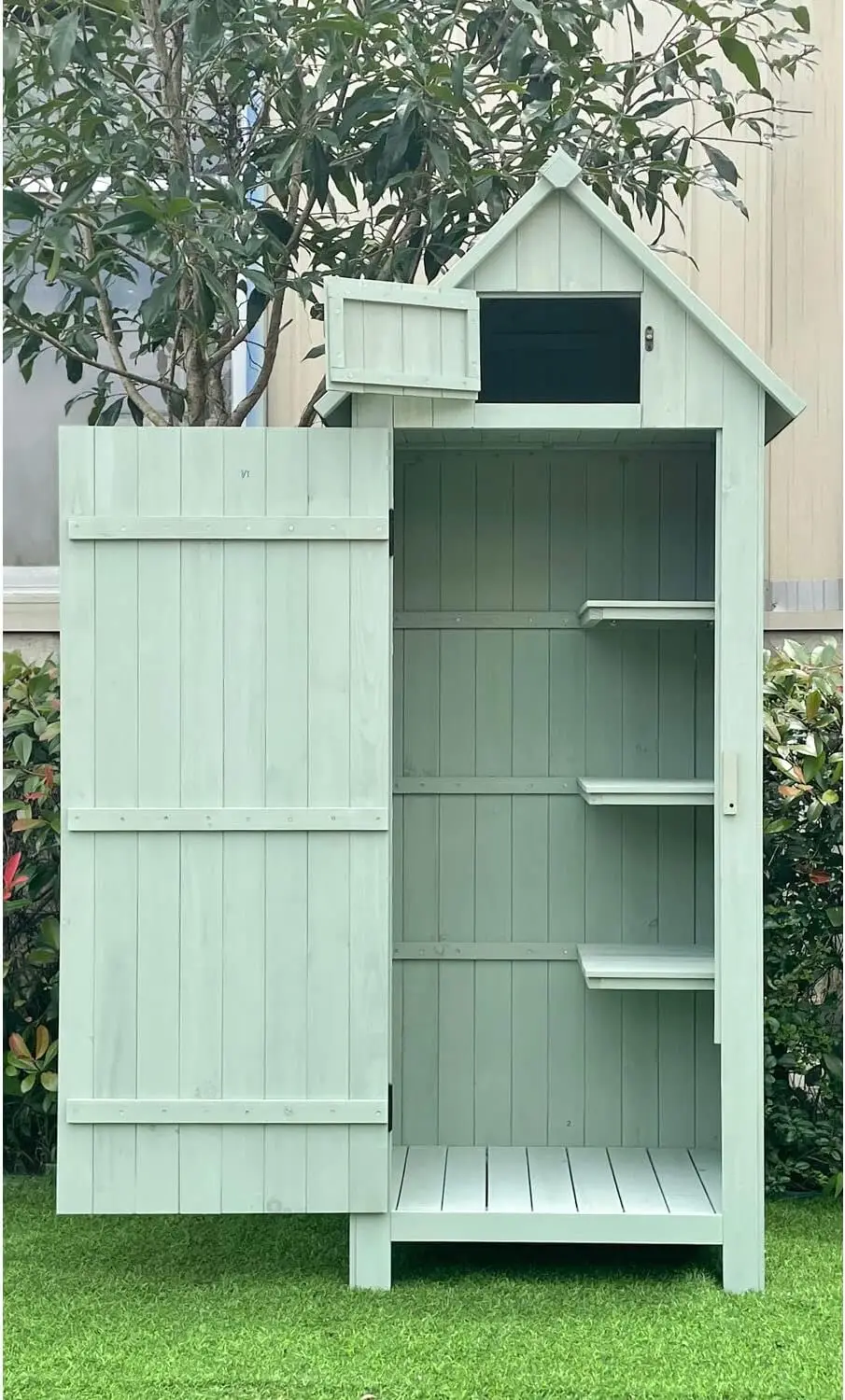 Outdoor Storage Shed with Shelves and Lock, 8.7 cu. ft. Capacity, Vertical Wood Shed for Tools,