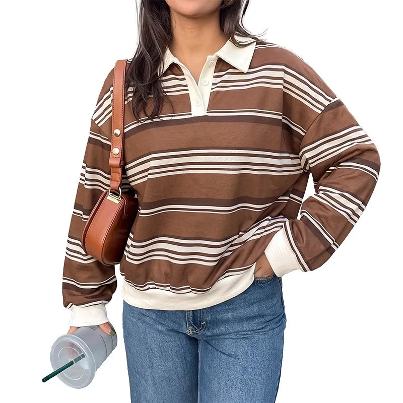 Striped Pullover Top Regular Length Literary Retro with Autumn Plaid Loose Fit No Hood Polo Collar Long Sleeve Women T Shirt