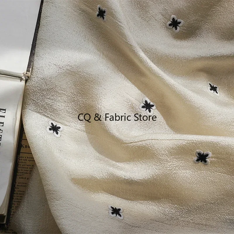 

New Soft Kapok Yarn Black and White Small Floral Embroidery Fabric for Clothing Dress By The Meter Designer Fabric