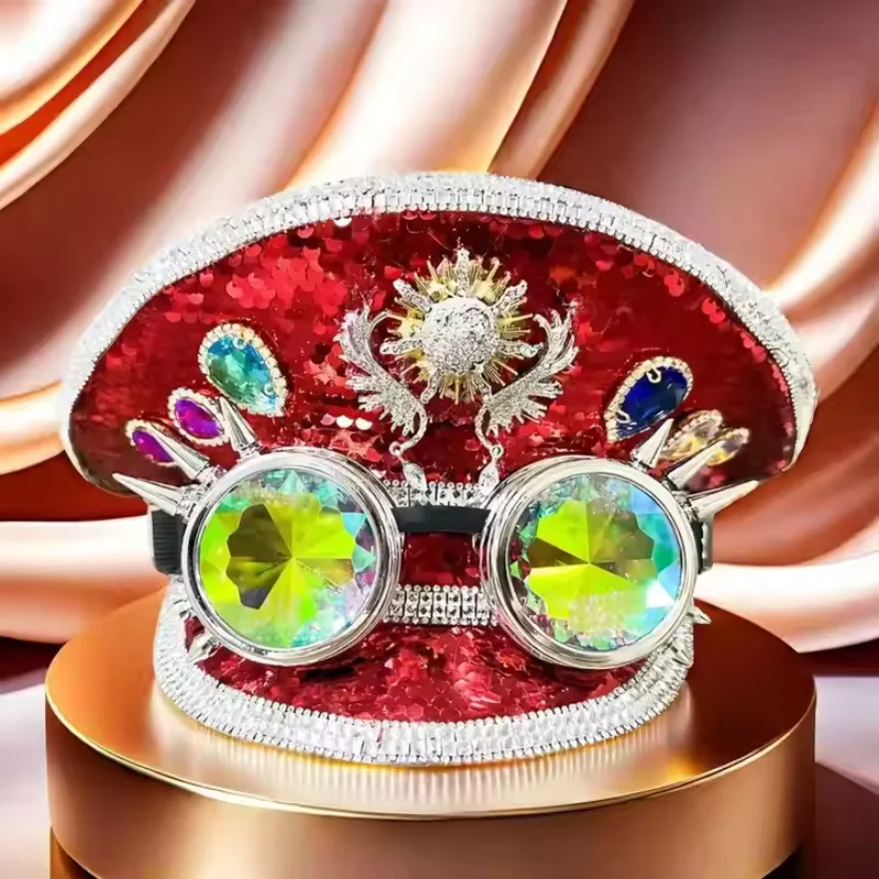 

HongLuan Red Bling Капитанская шляпа в стиле стимпанк со стразами и очками для фестиваля Burning Man Woman — военные шляпы и кепки для мужчин