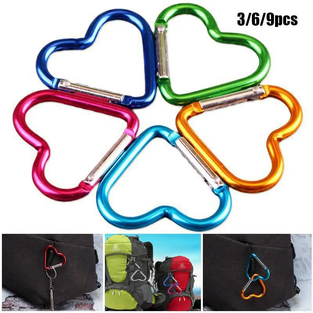 3/6/9pcs 10 Colors Climbing Accessories Water Bottle Hanging Heart-shaped Buckles Keychain Clip Aluminum Carabiner Keyring Hook