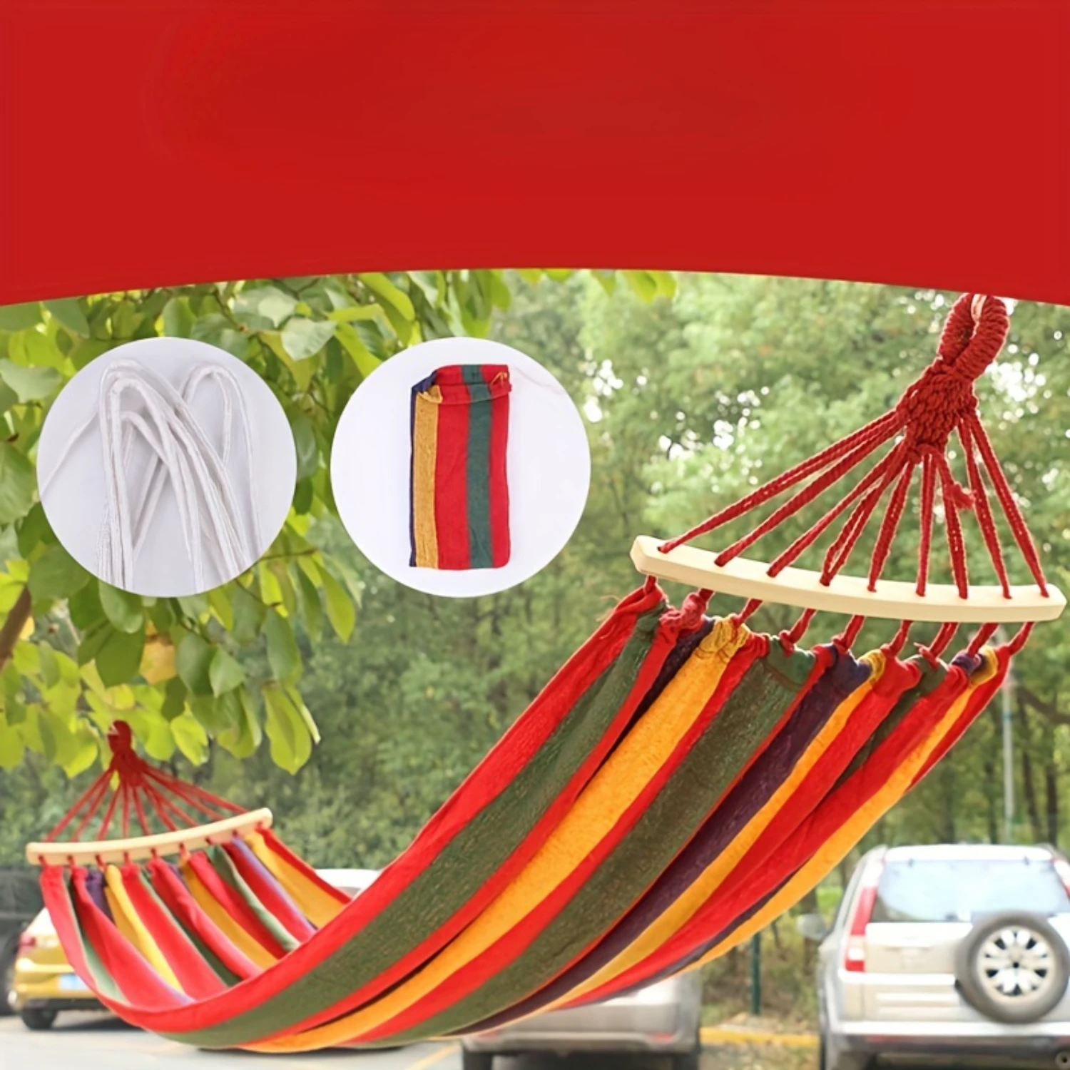 Colorful Canvas Hammock with Curved Wood, Anti-Rollover Design – Single/Double Hammock for Outdoor Camping Supplies Hamock