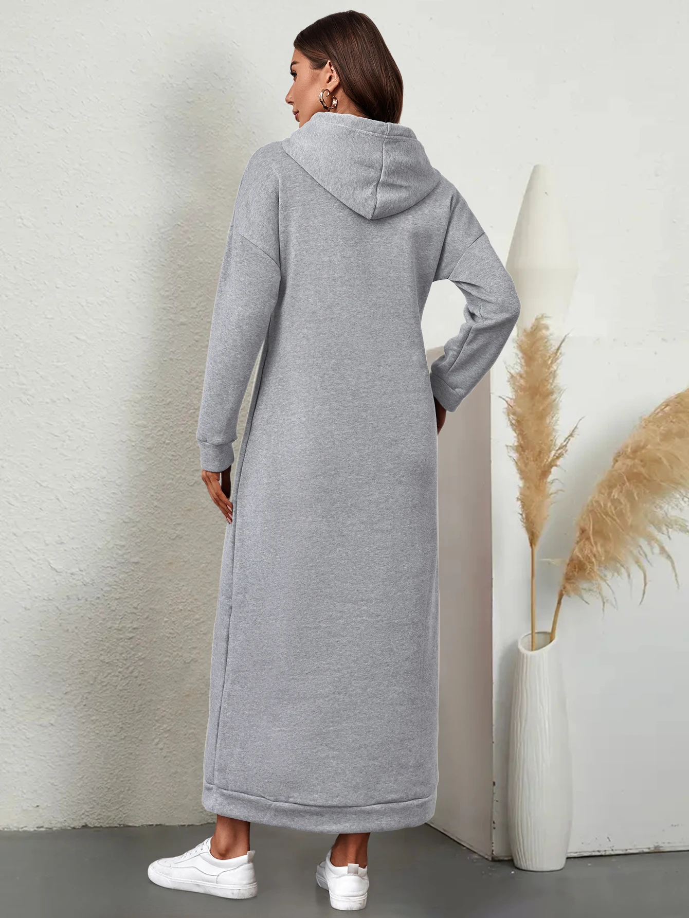 Women Drawstring Hoodie Dress Autumn Winter Loose Sweatshirt With Dropped Shoulders And Side Pockets