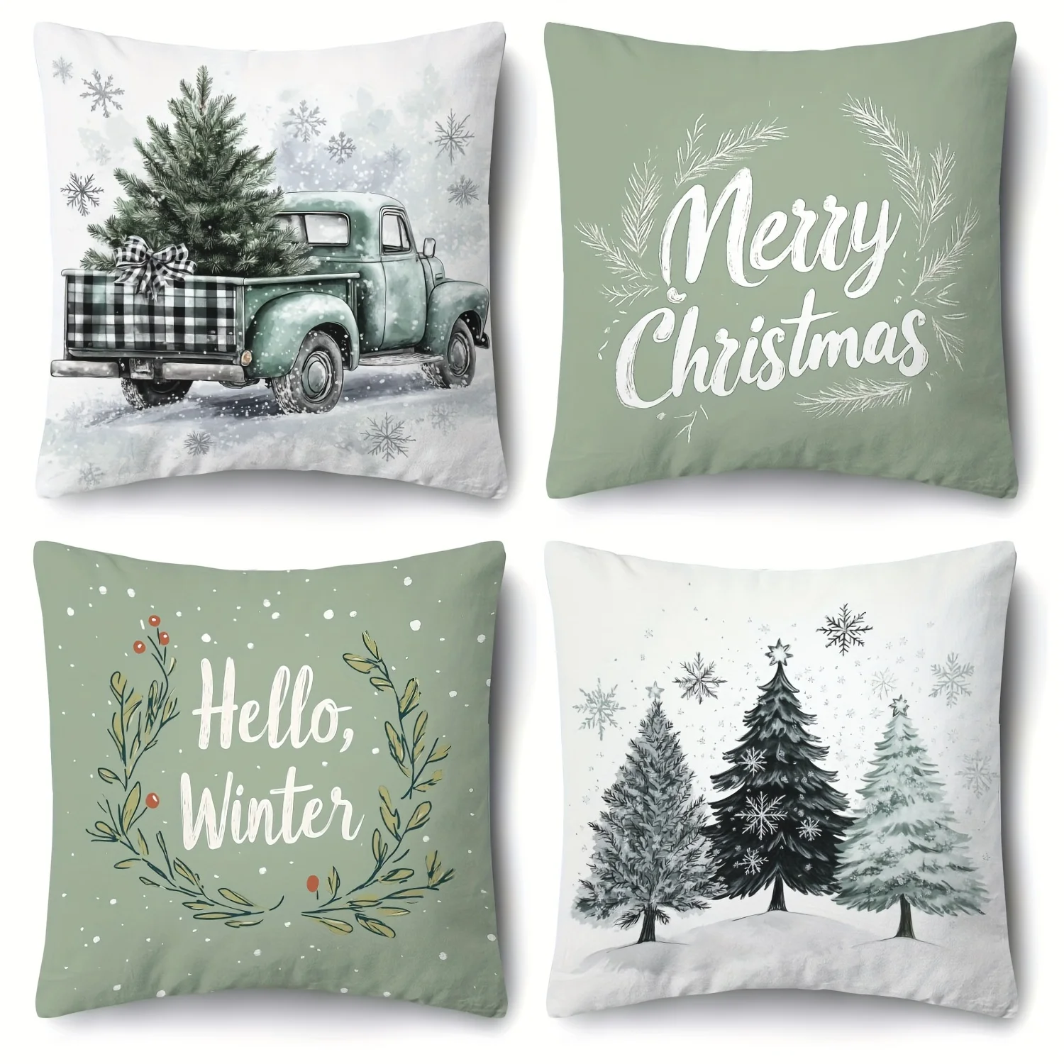 Christmas Pillow Set, Design Elements of A Vintage Green Truck with Pine, Snowflake or Evergreen Branches,Zip Closure