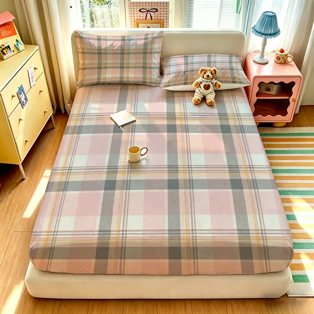 3PCS Pink Grey Yellow Contrast Plaid Set No Filling 1 Fitted Sheet 2 Pillowcases Soft Machine Washable Festive Bedroom Home D