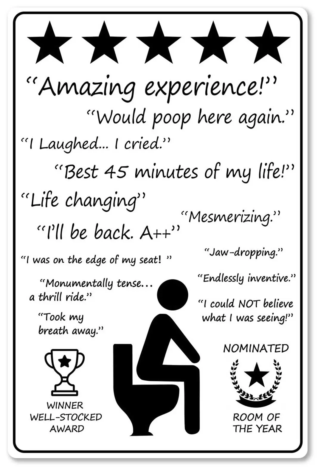 Would Poop Here Again - Funny Five Star Rating Bathroom Sign Decor - Indoor Outhouse Bathroom Door Wall Art   (208)
