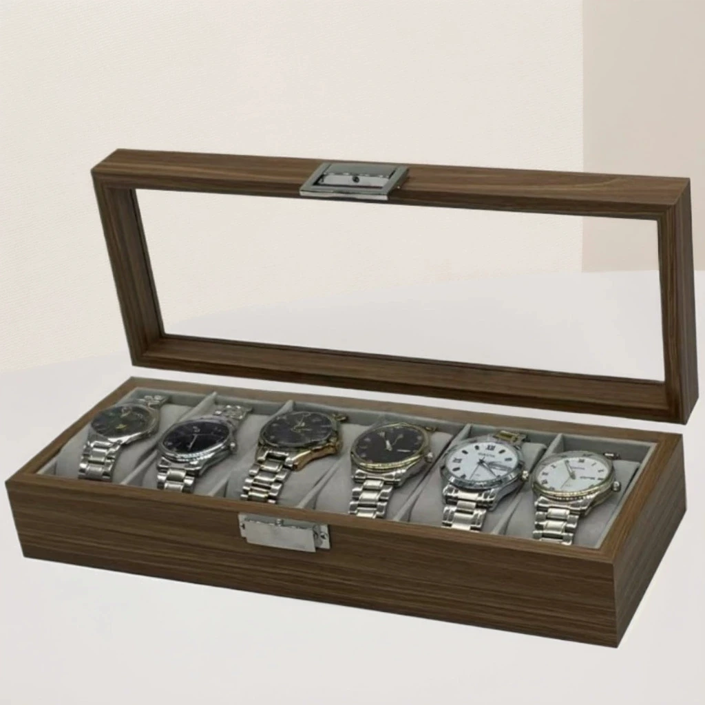 

1PC Black Walnut Pattern Wooden 6-Digit Watch Storage Display Box Wooden Watch Packaging Box