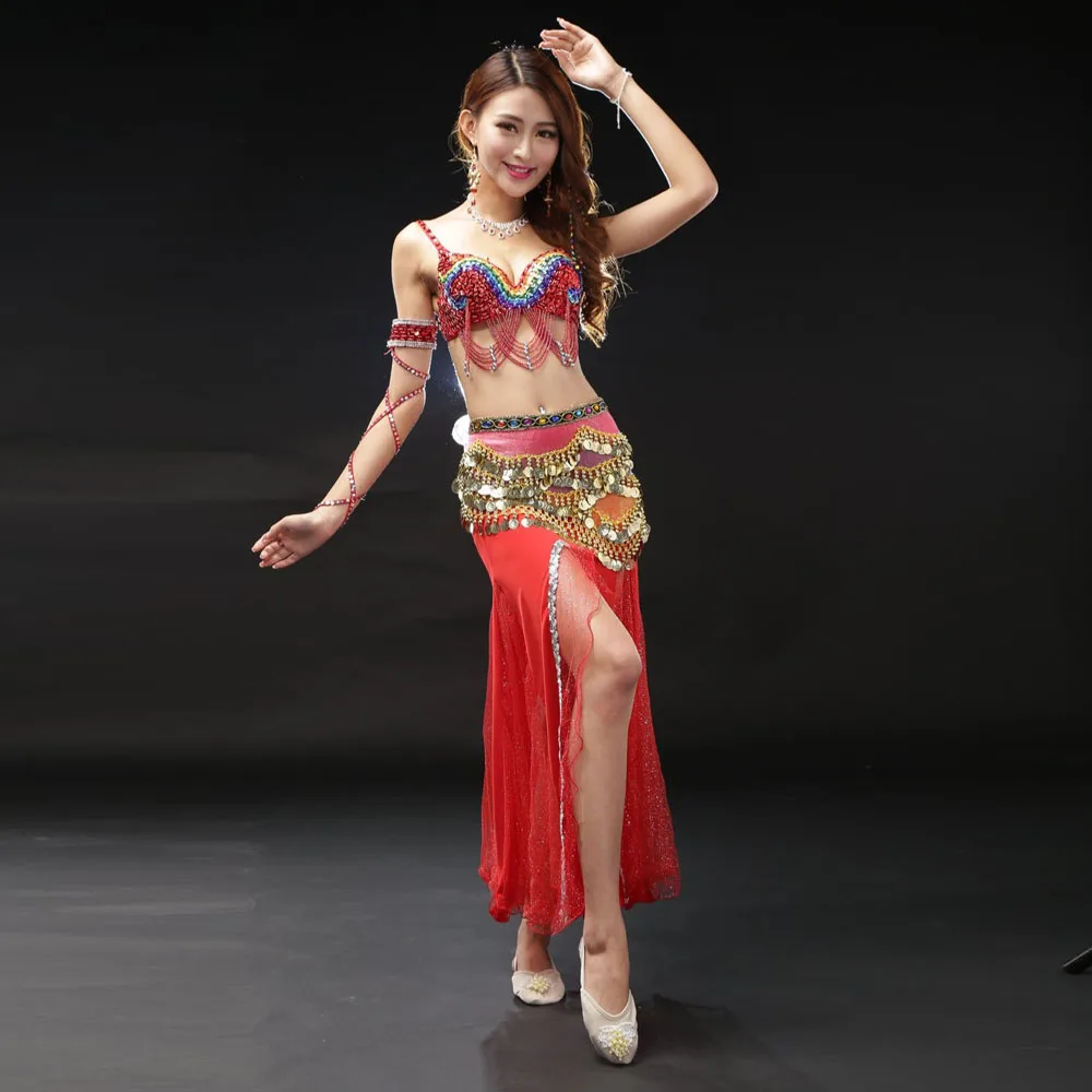 Aangepaste buikdanskostuums kleurblokken beha sexy high-end prestatiejurk volwassen buikdansen podiumpakset