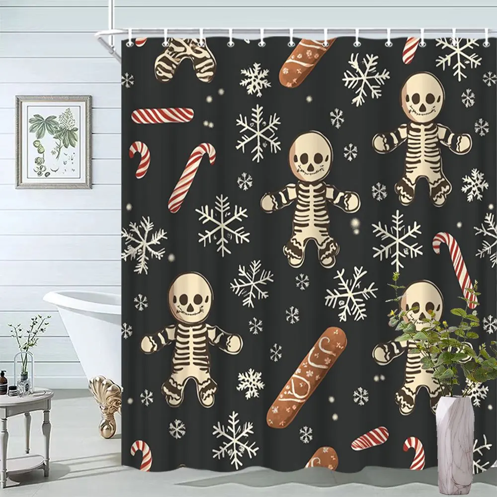 1pc Winter Snowflake Curtain with Gingerbread Men, Candy Canes & Dark Background - Shower Curtain Suitable for Bath or Shower En