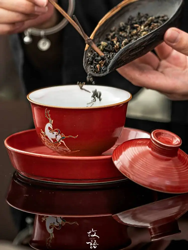 Ancient Style Dunhuang Nine-Color Deer Lidded Personal Use Kung Fu Set, High-End Ceramic Tea Bowl For Drinking Tea, Gift