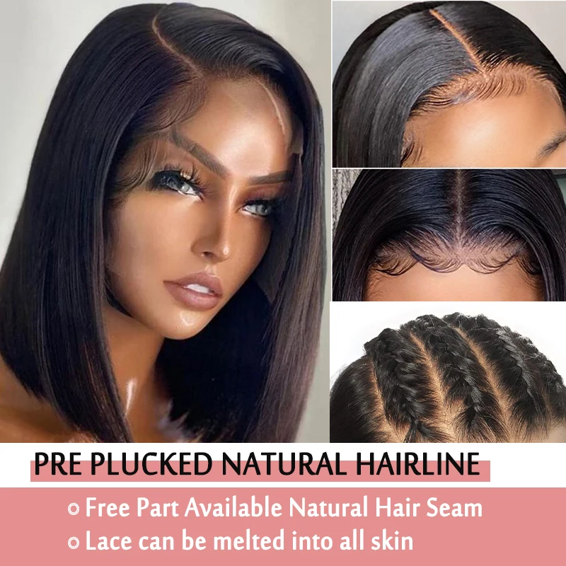 Perruque Bob Lace Front Wig naturelle brésilienne-BLACK PEARL, cheveux courts et lisses, 13x4, pre-plucked, pour femmes