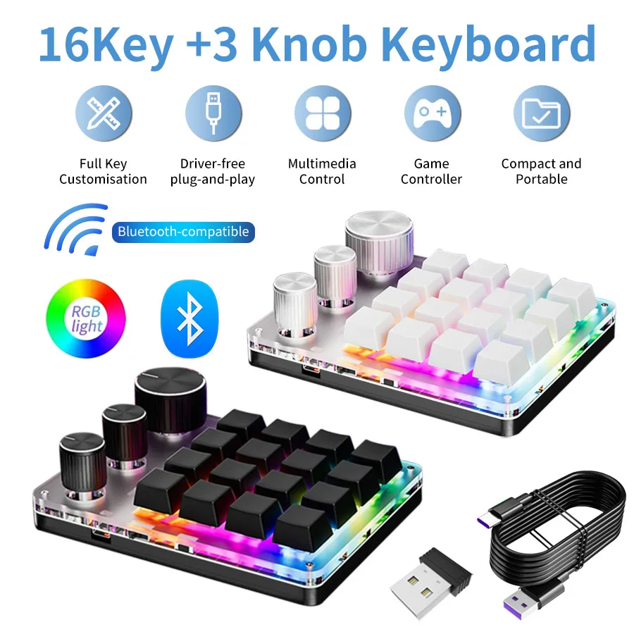 RGB Wireless Bluetooth 3Modes Custom Programming Macro 16Key 3Knob Keyboard Copy Paste Mechanical Hotswap Gaming Keypad Macropad