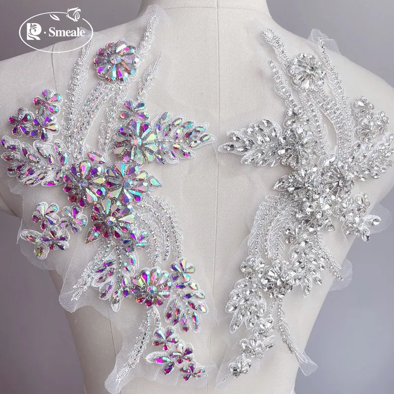 Mehrfarbiger handgenähter Glasbohrer, Spiegelblumen, funkelnde Strassblumen, Mäntel, Bündchen, Schultern, Hochzeitskleid, DIY-Patch – Detail 3