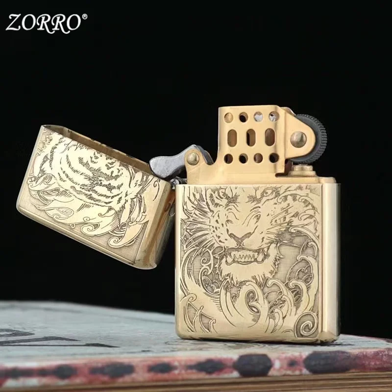 New Original ZORRO Kerosene Lighter Retro Creative Pure Copper Shell Windproof Brass Cigarette Gasoline Engine Smoking Gift Box