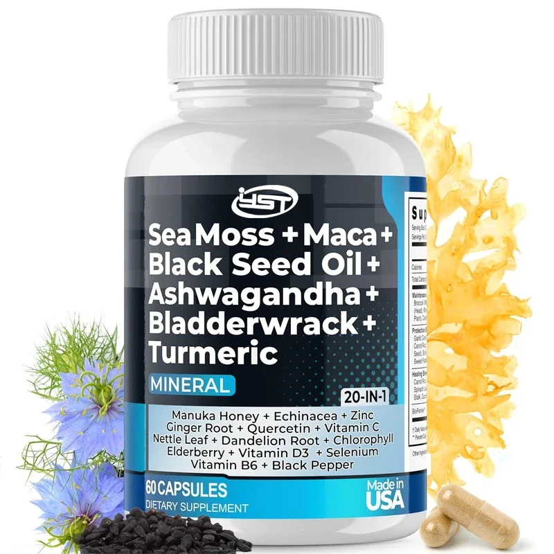 

Sea Moss 3000mg Maca Black Seed Oil South African Drunken Eggplant Bladerwack, Turmeric - Vitamin C and D3, Chlorophyll, Zinc