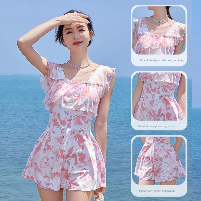 Costume da bagno giapponese piccolo con copertura di carne fresca, costume da bagno sottile a vita alta, simpatico resort primaverile rosa con fiori di ciliegio, pezzo unico