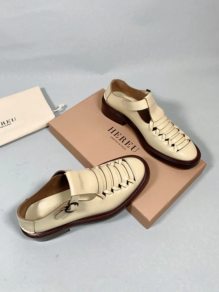 Hereu-Chaussures tressées en cuir véritable pour femmes, escarpins évidés, sandales à essence Mary, sangle en T vintage, printemps