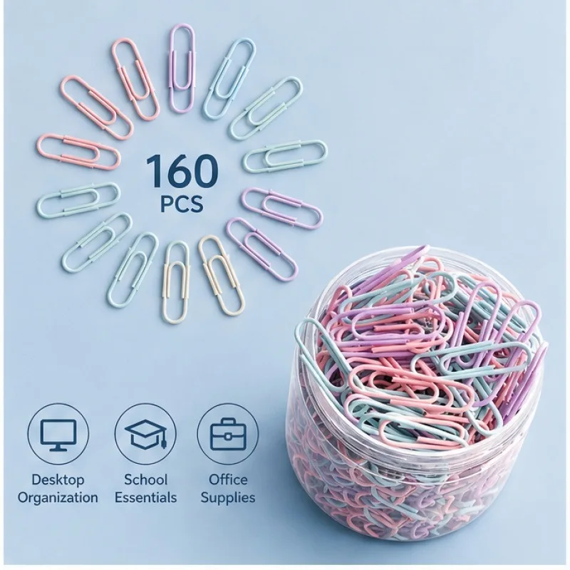 Environ 160 pièces/ensemble de pinces à papier colorées en acier inoxydable de 29 mm, couleur Morandi, avec boîte de rangement, pour la papeterie de bureau, les documents et les marque-pages.