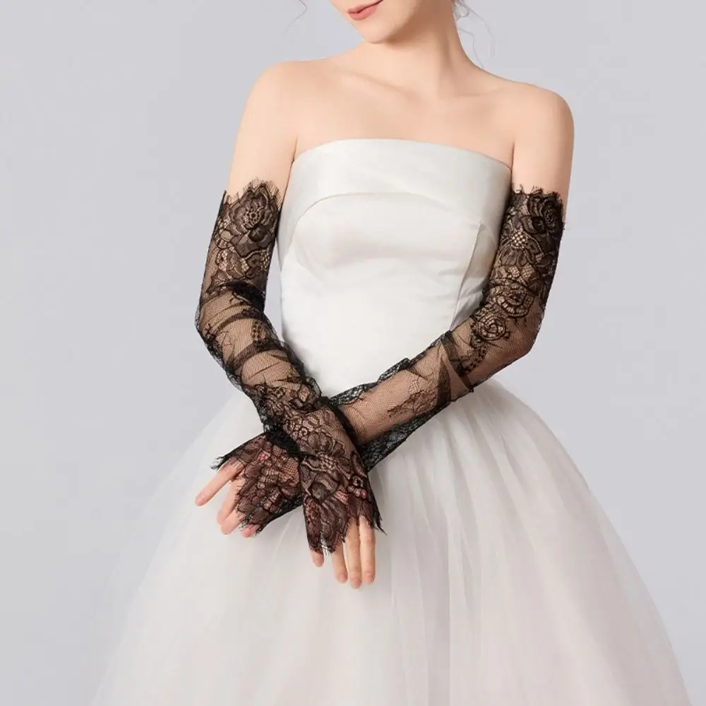 New Long Bridal Gloves White Black 65CM Wedding Arm Sleeves Hollow Out Sheer Lace Gloves Removable Banquet Fingerless Gloves