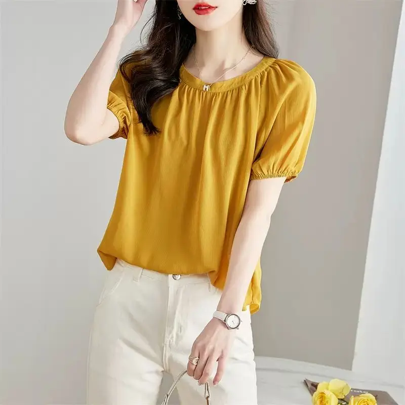 Korean Summer Solid Color Women's Round Necked Shirring Puff Sleeve Fashion Simplicity Short Sleeve Loose Chiffon Shirt Tops