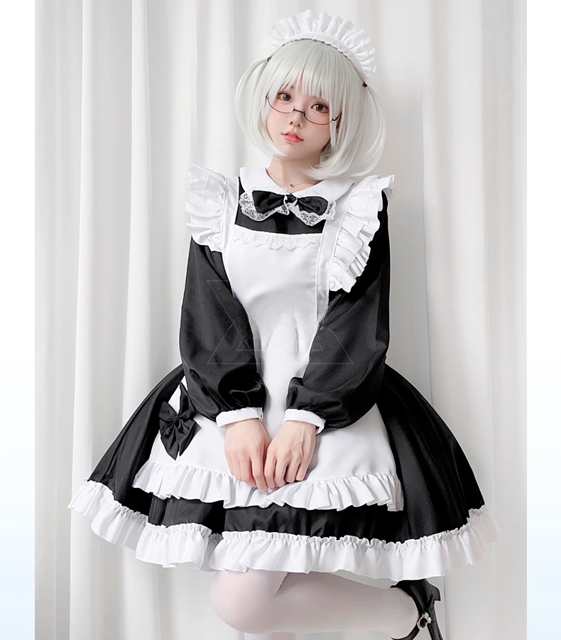 Plus Size Gothic Maid Set Black White Tiered Lolita Dress Apron Bow Set Curvy Anime Cafe Uniform for Halloween Tea Party Cosplay view 6