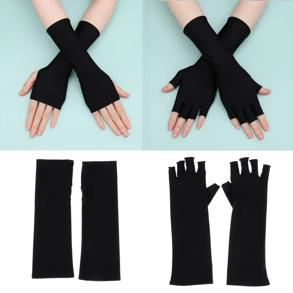 Sunscreen Protection Fingerless Long Gloves Women Arm Cool Summer Solid Mittens Half Finger Sleeves Black White Nude