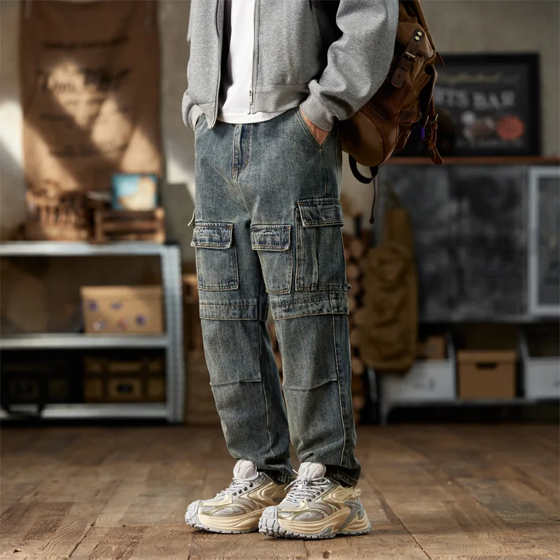 

9049American retro fashion brand spring and autumn wash, new loose personality, multi-pocket high street harem jeans men