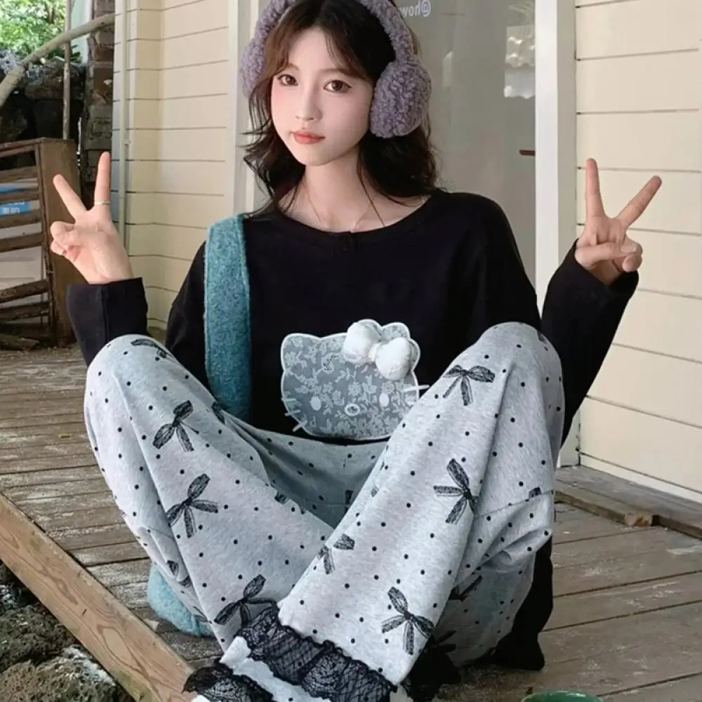 2 قطعة منامة القطن دعوى Kawaii مرحبا كيتي النساء أنيمي Homewar لطيف طويلة الأكمام السراويل الخريف الكرتون الفتيات ملابس خاصة غير رسمية #1